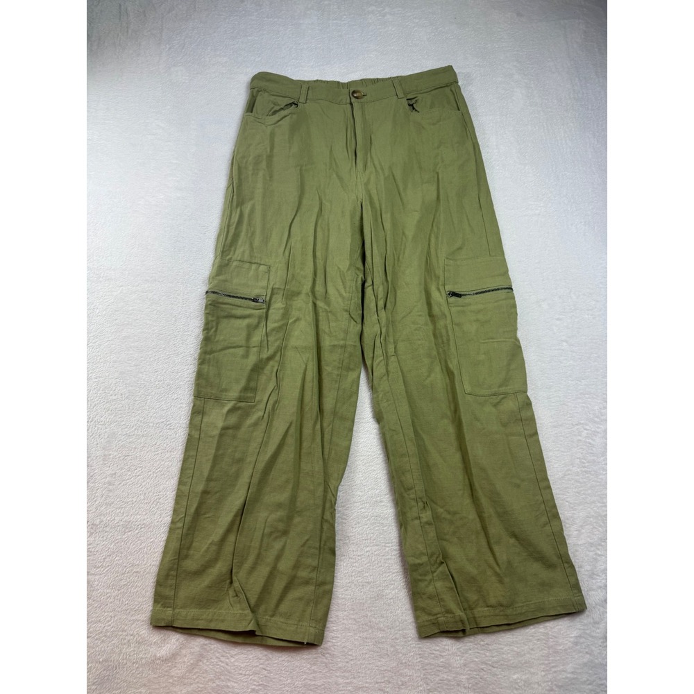 Womens Olive Green Cargo Pants Straight Leg Utility Size Large Flowy wide leg